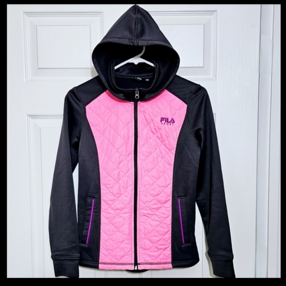 FILA SPORT Girls Full Zip Hooded Jacket Pink/Black - Picture 1 of 8